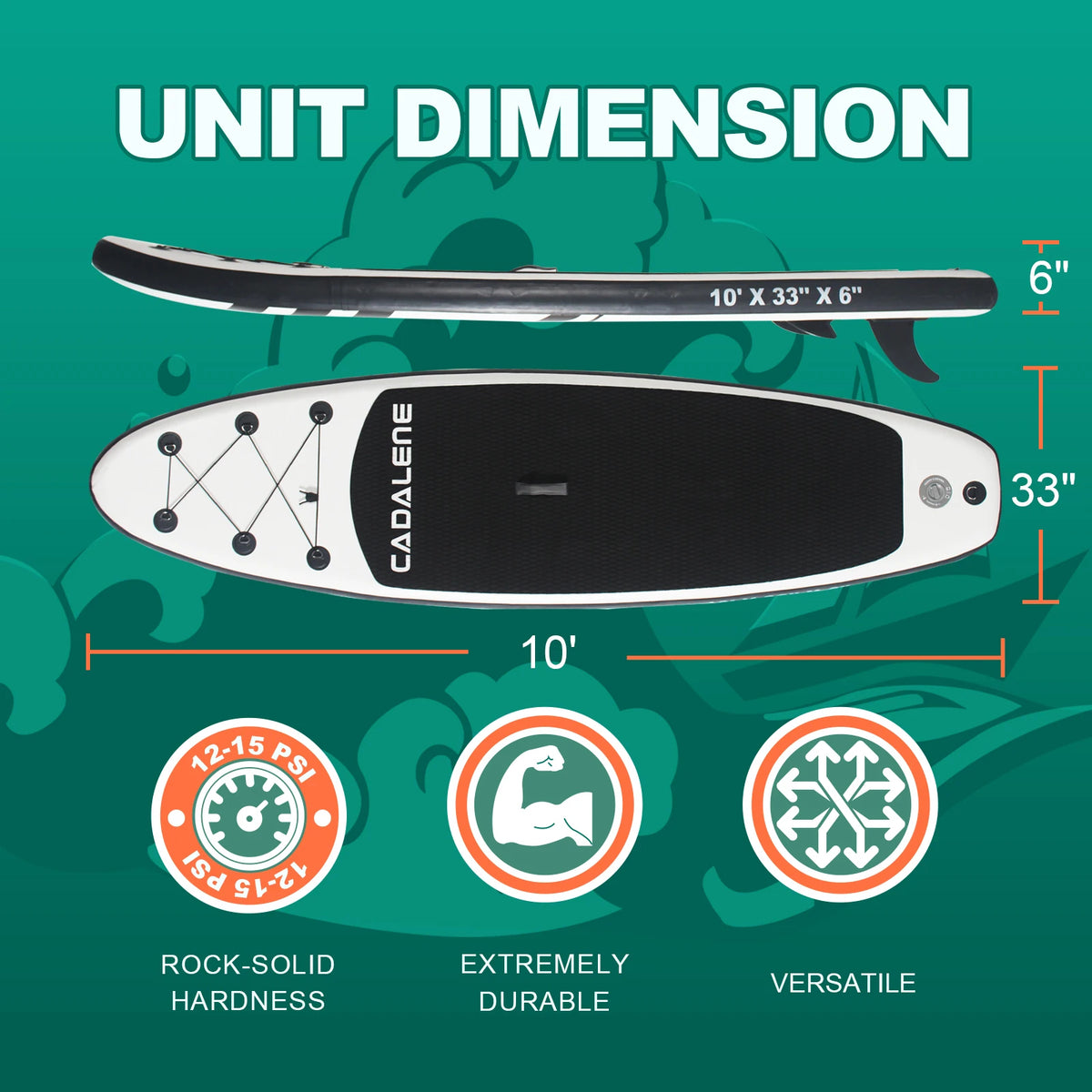 CADALENE Inflatable SUP Board dimensions: 10' x 33'' x 6''. Features rock-solid hardness, extreme durability, and versatile use for water sports.