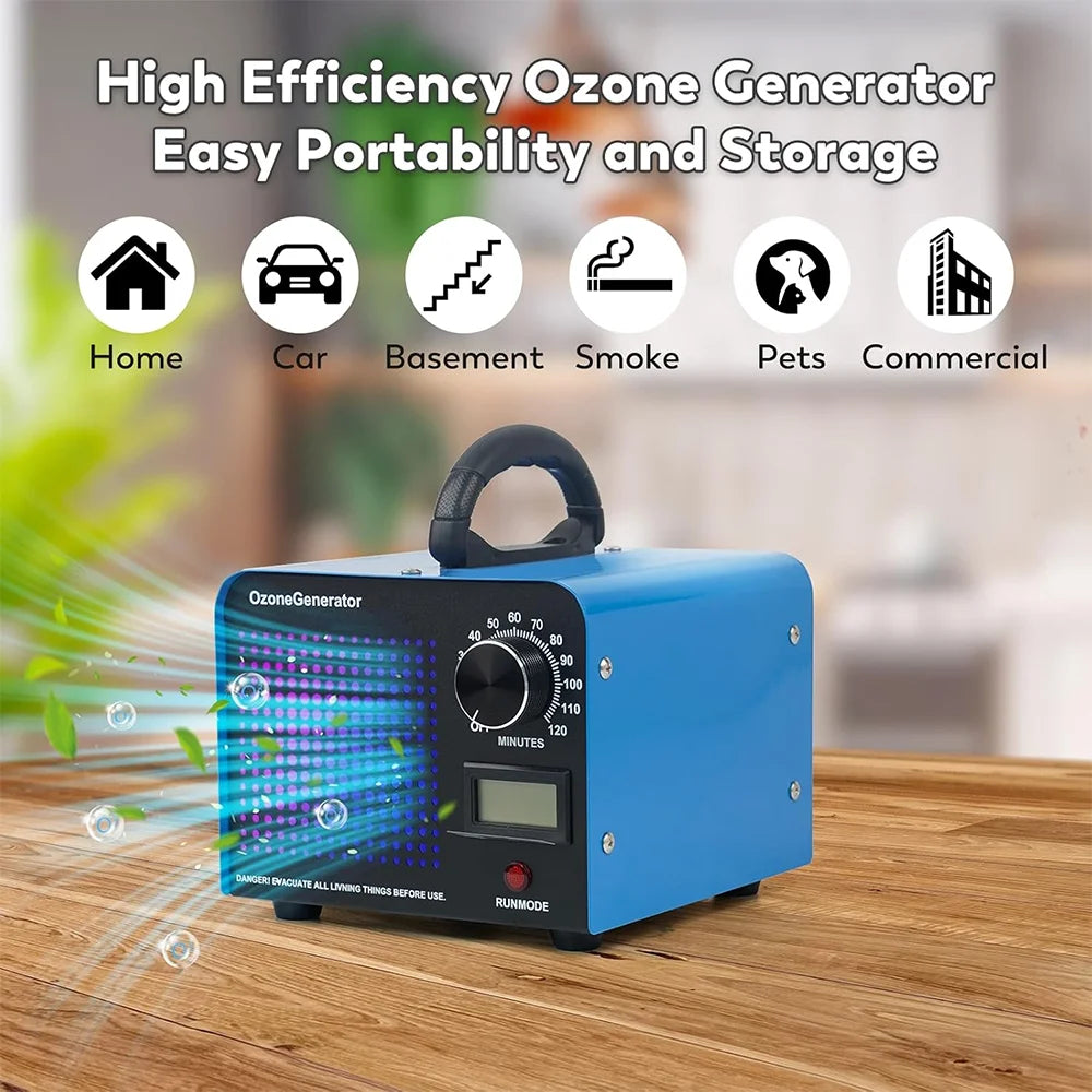 Blue Ozone Generator 60000mg/h shown in a lifestyle setting, highlighting portability and use in home, car, basement, and commercial areas.