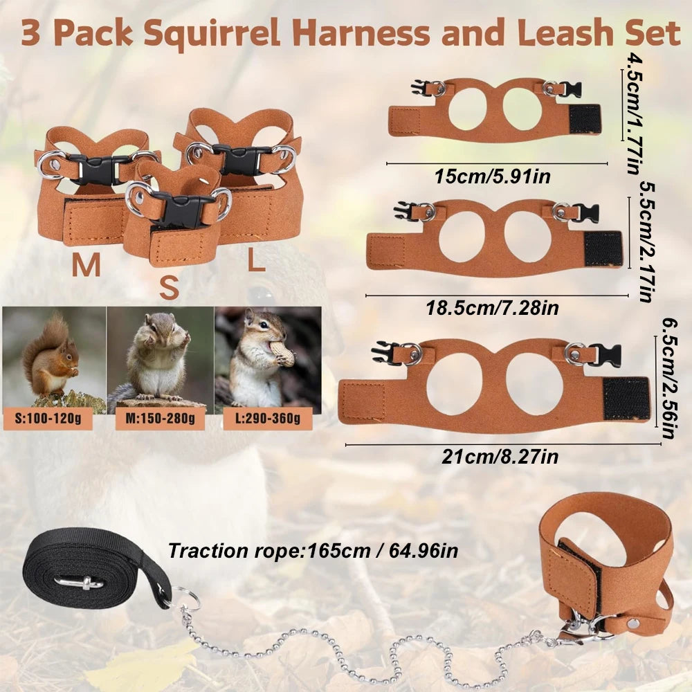 3-pack squirrel harness leash set in sizes S, M, L with size chart and weight guide. Ideal for small pet outdoor training and walking.