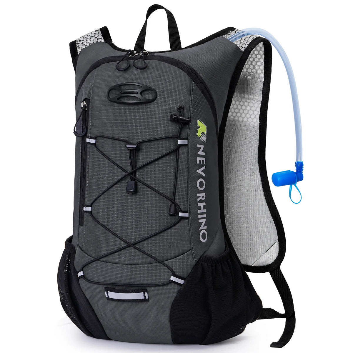 Gray hydration pack for cycling with 2L bladder and adjustable straps, designed for hiking, running, and biking comfort.