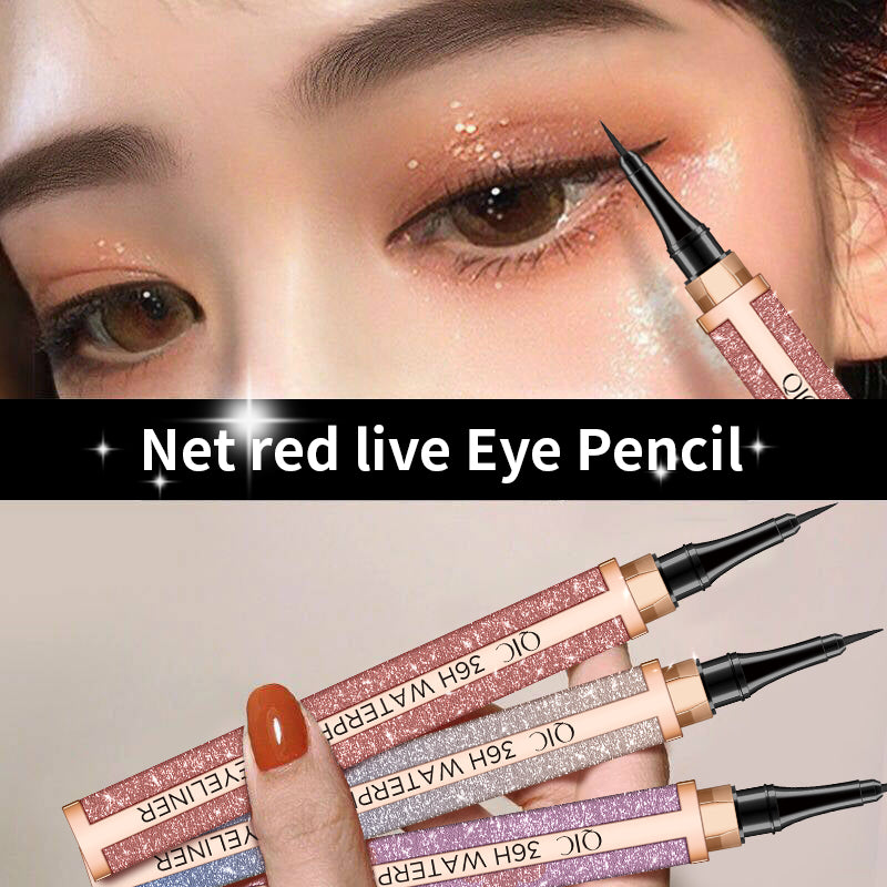 Close-up of Galaxy Waterproof Eyeliner Pen applied on eyelids, showcasing precise tip and glitter design for long-lasting eye definition.