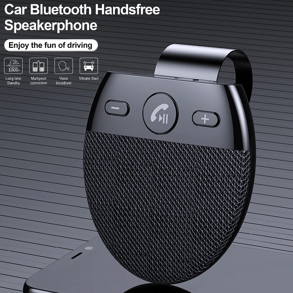 Compact Bluetooth 5.0 Car Speakerphone Kit with hands-free calling, music streaming, and voice broadcast for safe, enjoyable driving.