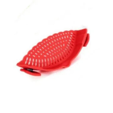 Red Silicone Strainer - Noodle Vegetable | Spill-Free Design with clip-on feature for safe and easy straining of food from pots.