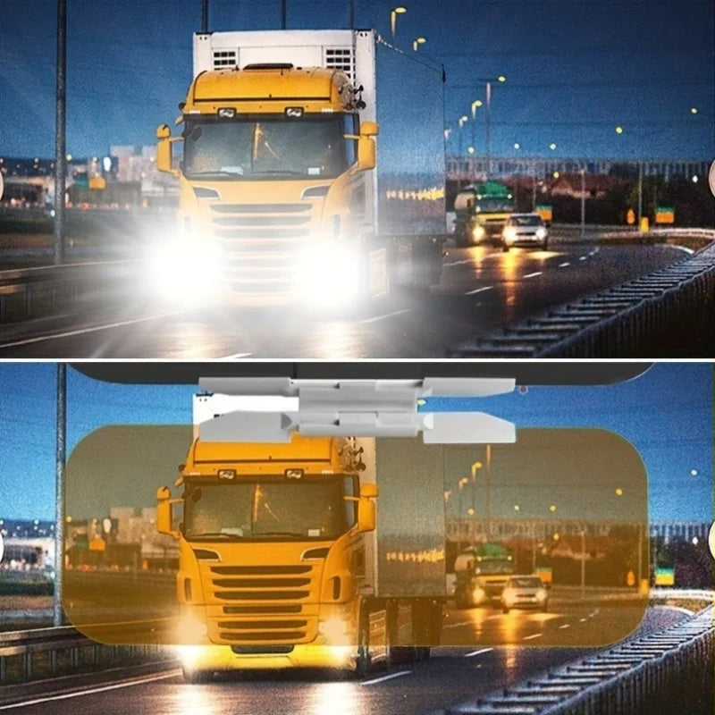 Dual-panel car sun visor glare shield reducing headlight glare from an oncoming truck at night, enhancing visibility and driving safety.