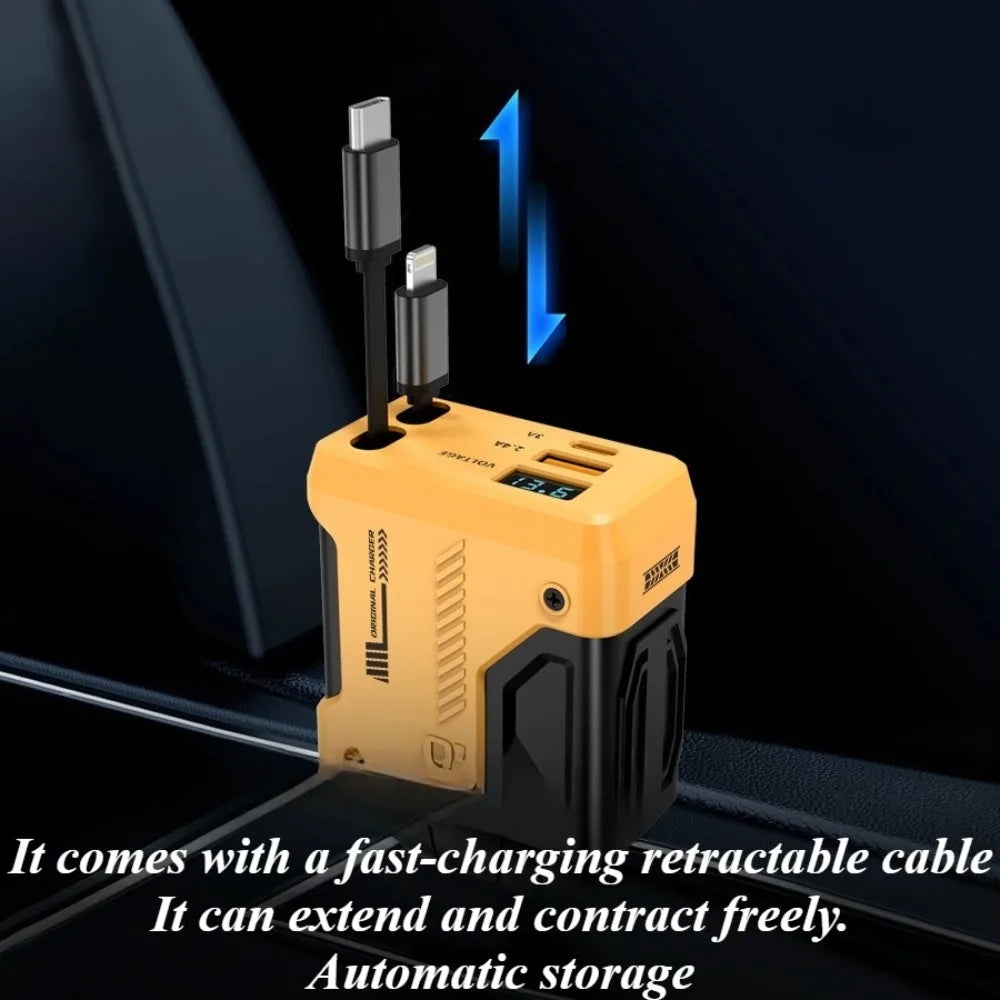 Universal Car Charger - 4 Port QC PD Adapter in yellow with retractable fast-charging cables and automatic storage feature highlighted in car interior.