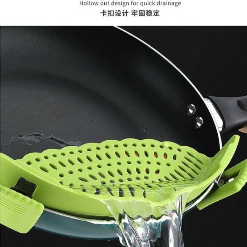 Silicone Strainer - Noodle Vegetable | Spill-Free Design shown draining water from a pan, highlighting anti-spill and quick-drain features.