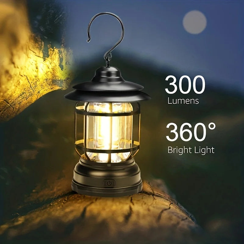 Black rechargeable camping lantern emitting 300 lumens of 360° bright LED light, perfect for outdoor and hiking activities.