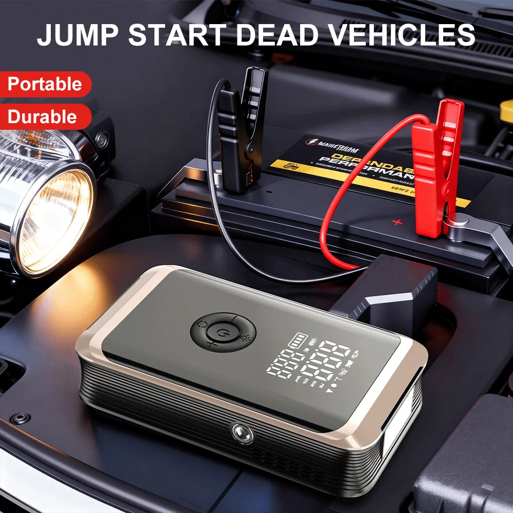 Portable Car Jump Starter Air Compressor connected to a car battery, ideal for emergency vehicle boosting with durable clamps.
