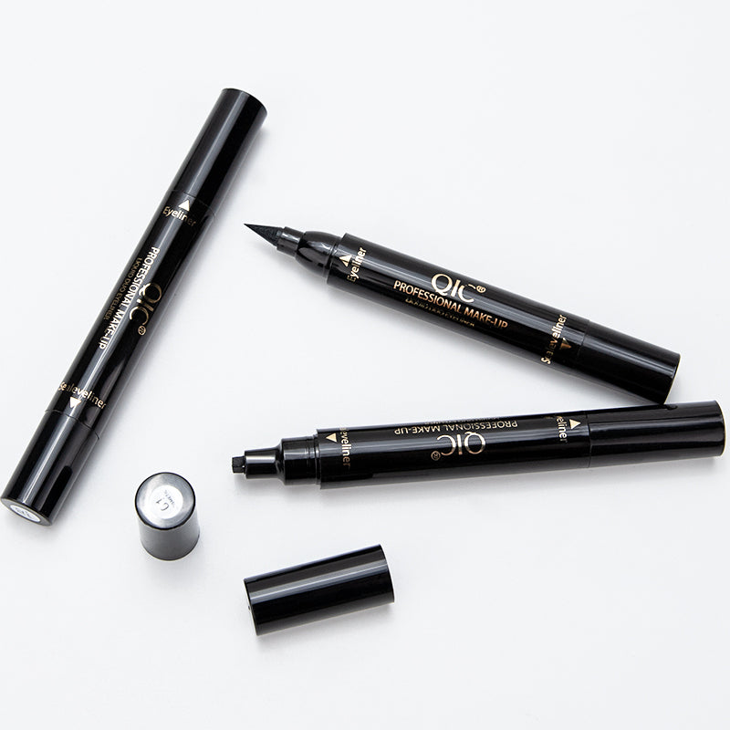 Open 2-Swipe Cat Eye Hack Dual-Ended Magic Wand with visible stamp and eyeliner ends, ideal for waterproof and smudge-proof cat eye looks.