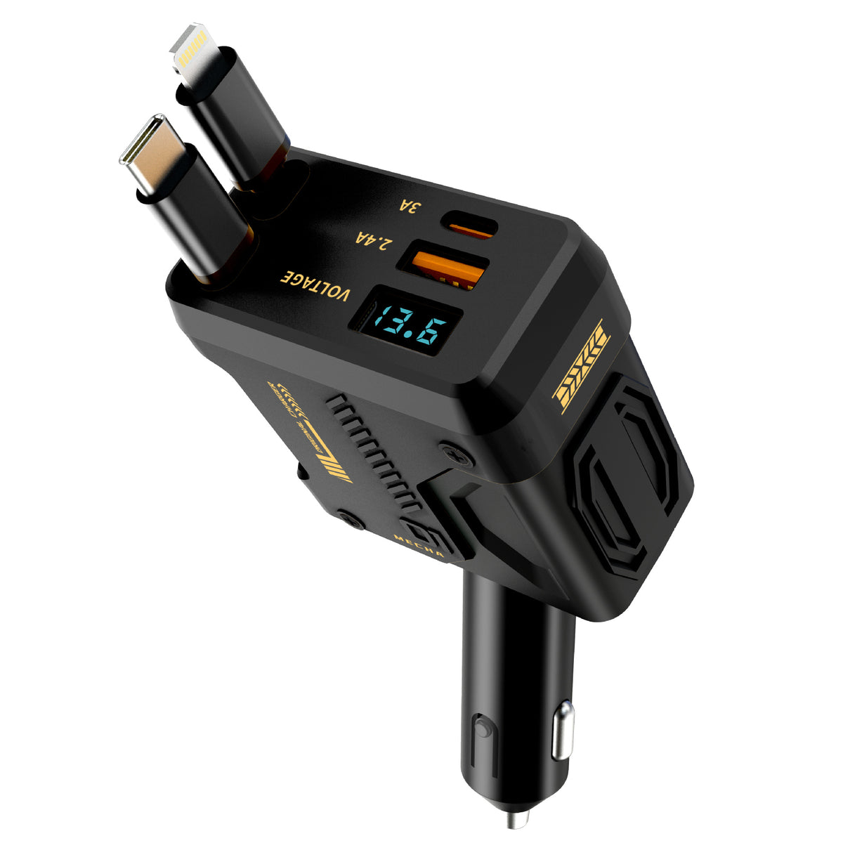 Black Universal Car Charger - 4 Port QC PD Adapter featuring USB-C and Lightning cables, digital voltage screen, and compact design for vehicles.