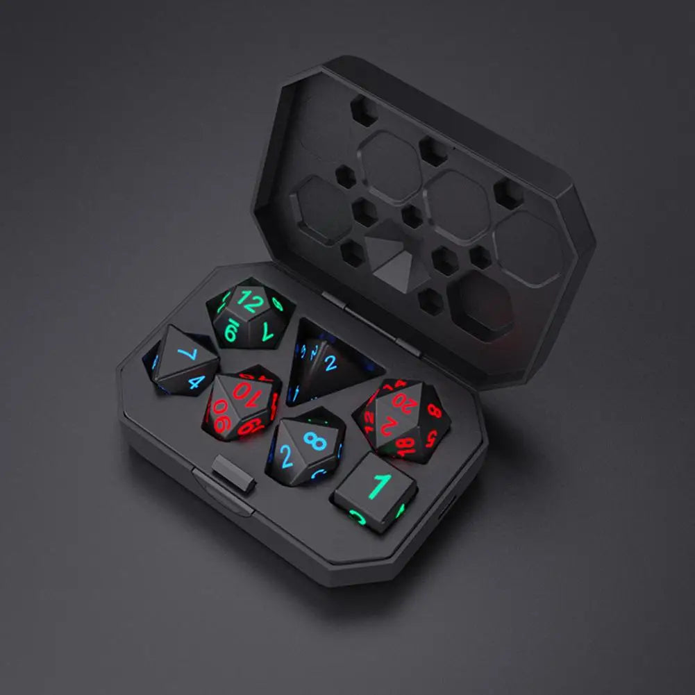 USB rechargeable LED dice set stored in a sleek black case, includes 7 glowing polyhedral dice for tabletop RPG and DND gaming sessions.
