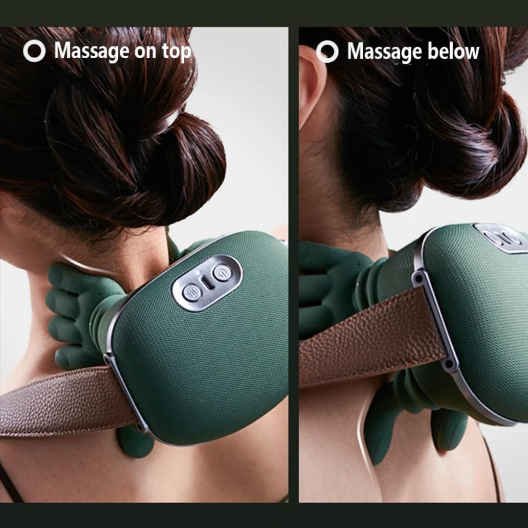 Bionic Massager demonstrating dual-position use on neck with adjustable strap, offering targeted 4D Shiatsu massage and heat therapy.