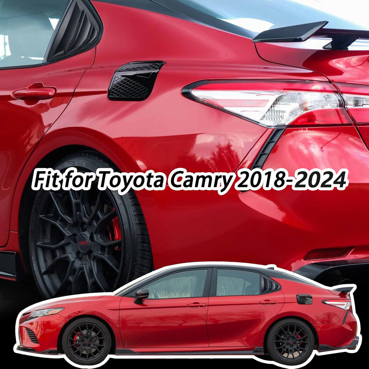 Sporty ABS rear window louvers fitted on Toyota Camry 2018-2024, enhancing side profile with aggressive styling.