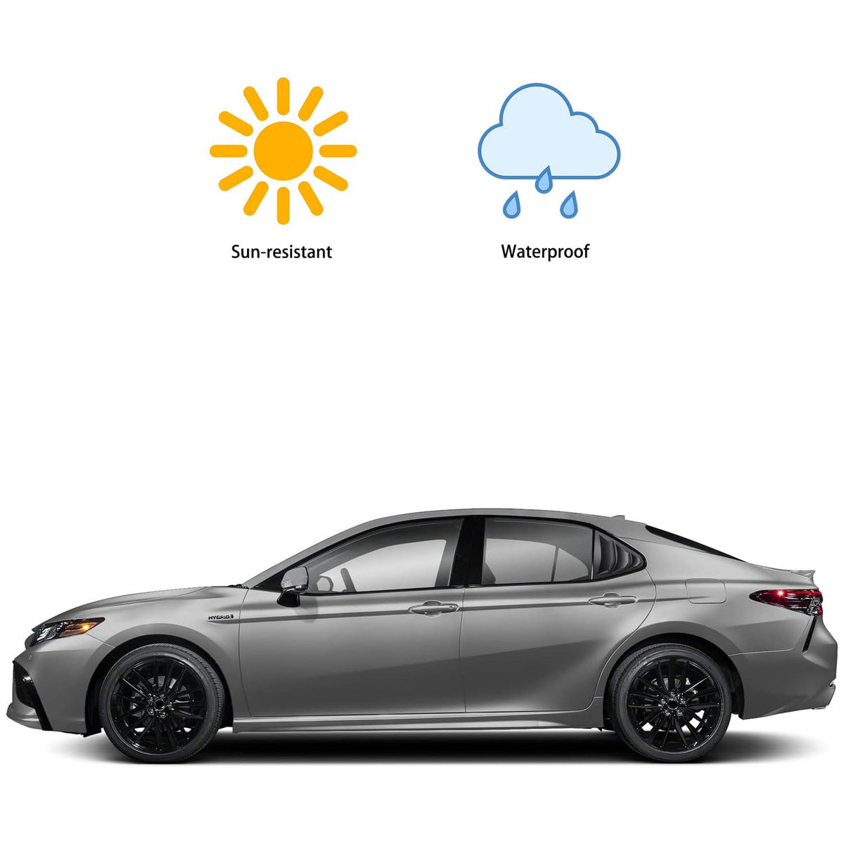 Toyota Camry Louvers Set - Rear Window 2018-2024 shown on gray Camry, highlighting sun-resistant and waterproof features.