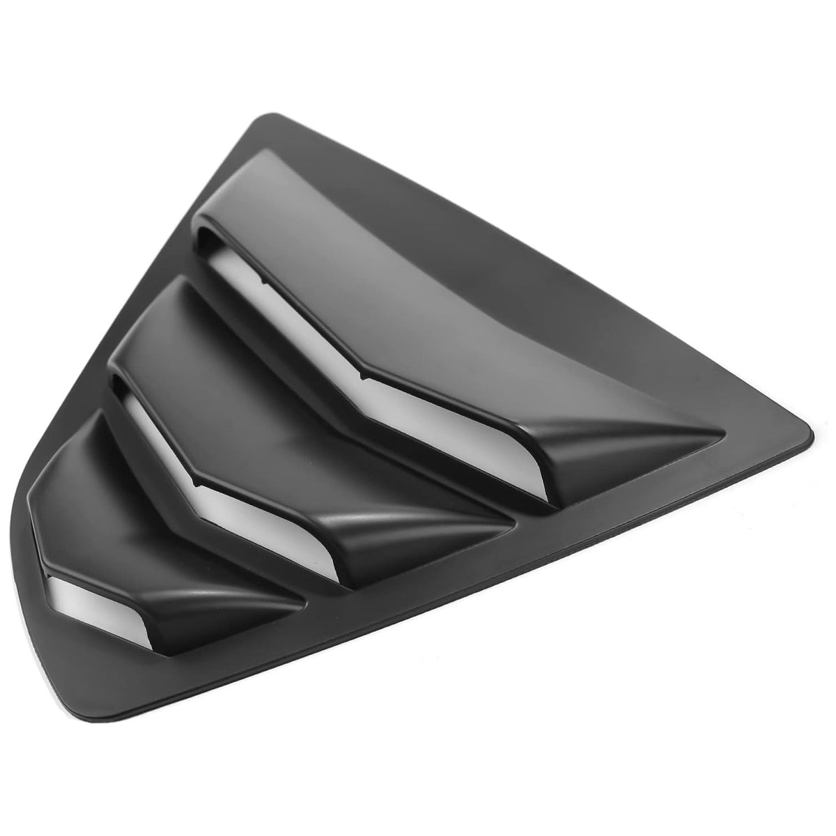 Angled view of Toyota Camry Louvers Set - Rear Window 2018-2024 in matte black ABS, showcasing sleek aerodynamic fins.