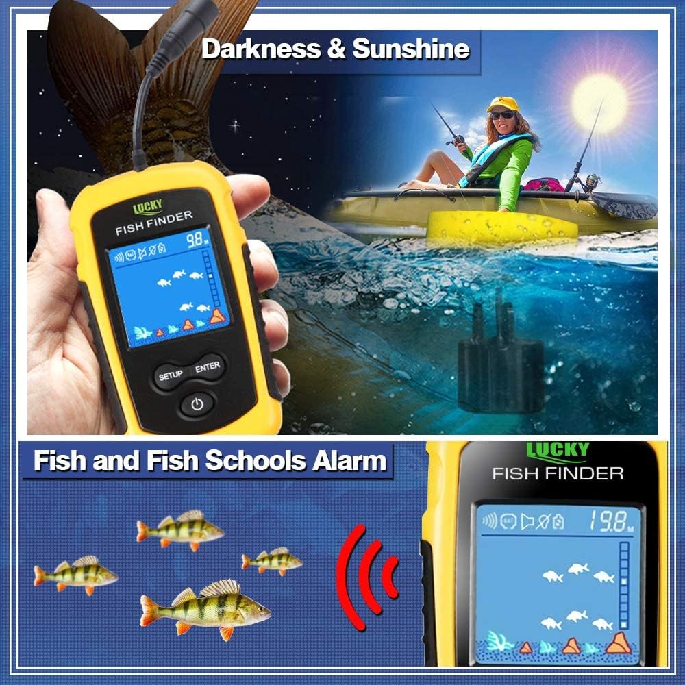 Handheld waterproof kayak fish finder with LCD screen works in darkness and sunshine, featuring fish school alarm and real-time sonar imaging.