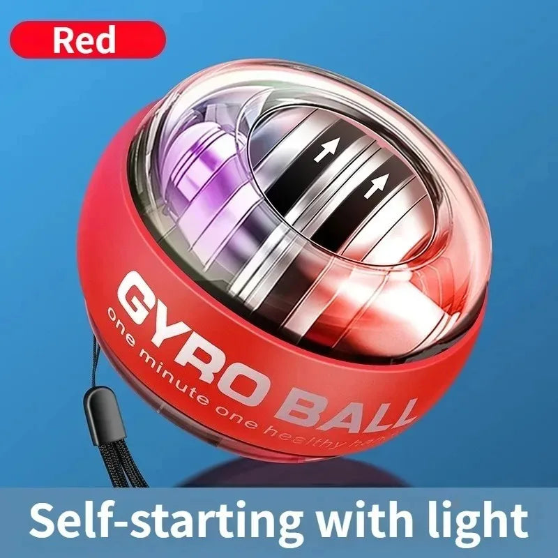 Red Gyro Ball Trainer with self-starting mechanism and vibrant LED lights, perfect for portable wrist workouts and hand strengthening.