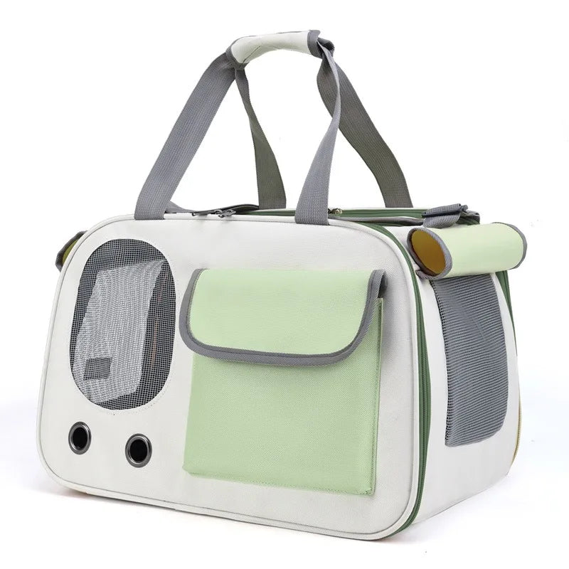 Soft-sided green and white travel pet carrier bag with mesh ventilation and front pocket, ideal for easy travel with cats and dogs.