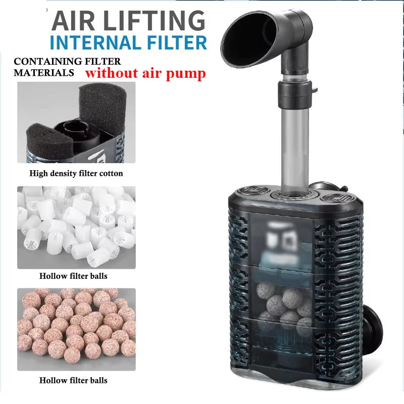 Air lifting internal aquarium filter with high-density filter cotton and hollow filter balls, ideal for efficient water purification.
