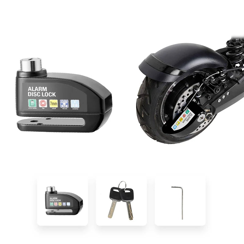 Black electric scooter disc lock with waterproof alarm, installed on brake disc, includes keys and installation tool.
