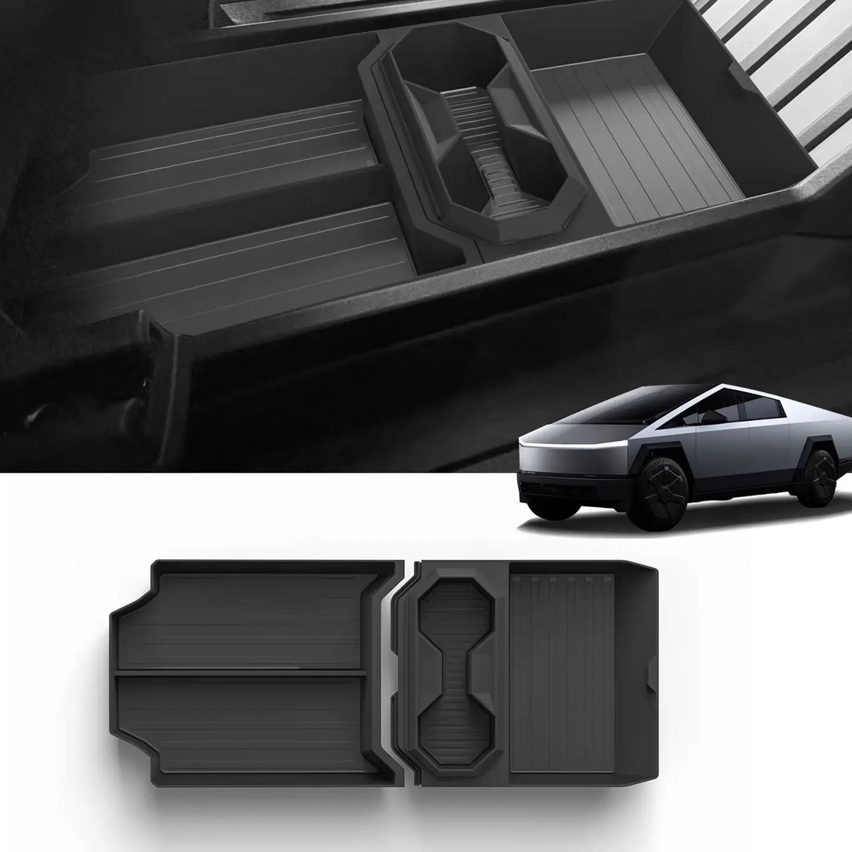 Tesla Cybertruck console tray with integrated drink holder, fits 2024-2025 models, shown in top and installed views.