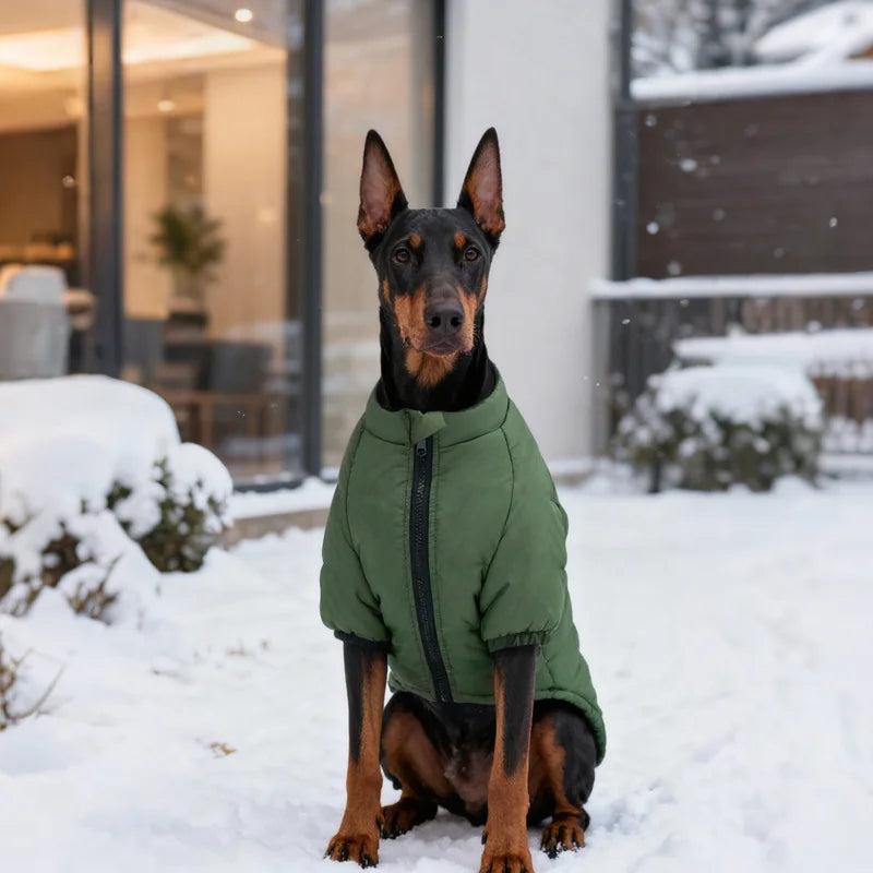 Doberman wearing green Large Dog Winter Jacket sitting in snow. Cozy winter vest for large dogs like Labs and Dobermans.