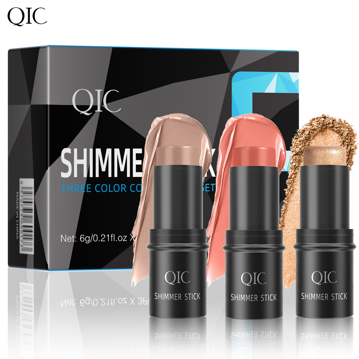 QIC shimmer stick trio with creamy textures for contouring, blush, and highlighting. Perfect for achieving a sculpted, radiant look.