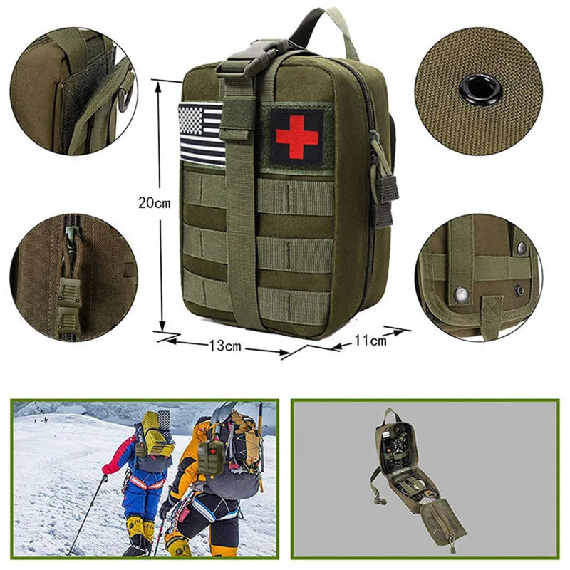 Olive green tactical trauma bag with MOLLE system, ideal for storing Survival First Aid Kit gear for hiking, camping, and rescue missions.