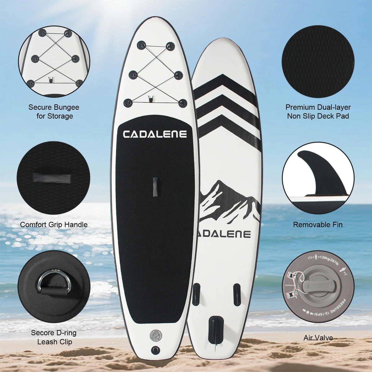CADALENE SUP Board with non-slip deck, bungee storage, removable fin, D-ring leash clip, and comfort grip handle. Built for stability and safety.