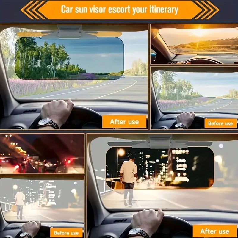 Before and after comparison of using the dual-panel car sun visor glare shield, showing improved clarity during day and night driving conditions.