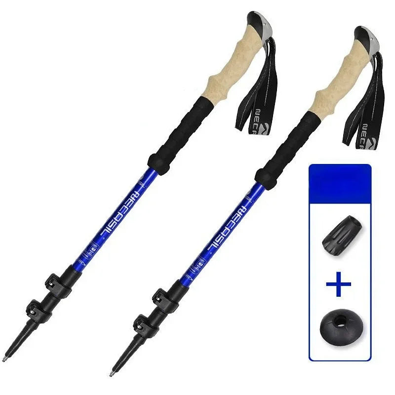 Blue quick lock trekking poles with ergonomic cork handles and durable aluminum build, great for camping and hiking use.