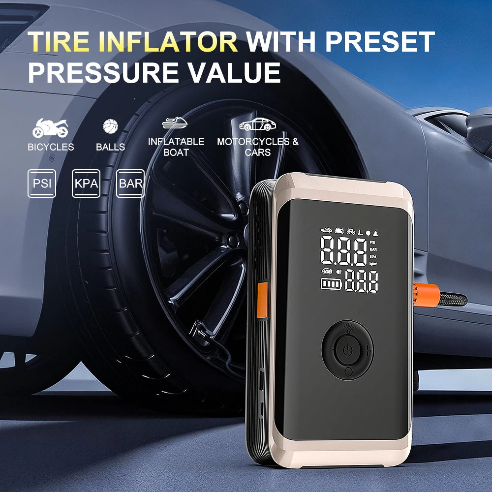 Car Jump Starter Air Compressor inflating a car tire, featuring preset pressure values in PSI, KPA, and BAR for accurate inflation.