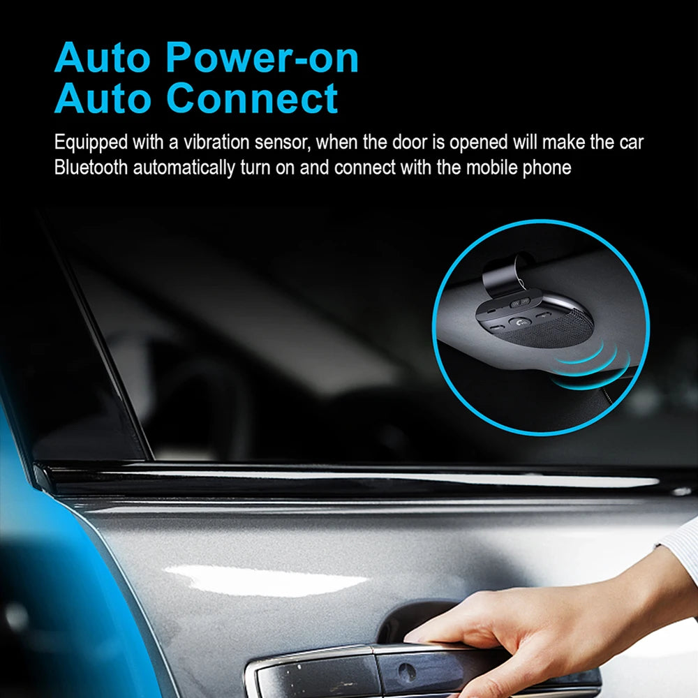 Bluetooth 5.0 Car Speakerphone Kit auto-connects via vibration sensor when car door opens, ensuring seamless hands-free communication.