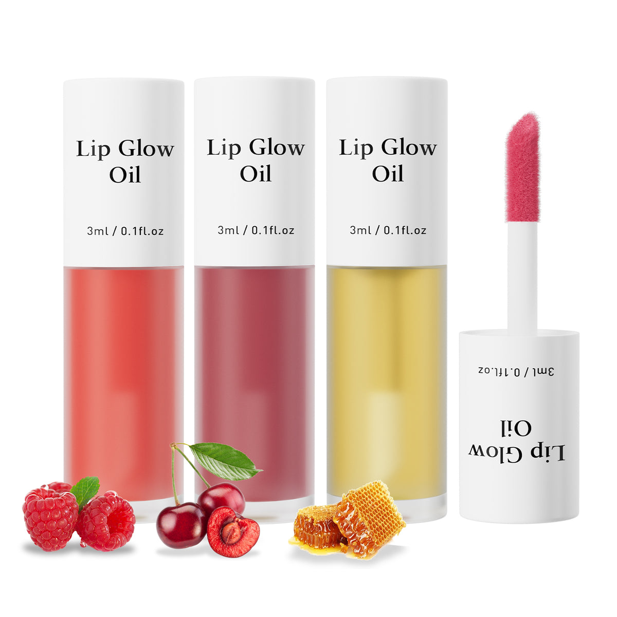 Scented Lip Oil Stain Set with raspberry, cherry, and honey-infused glosses, designed for long-lasting hydration and shine.