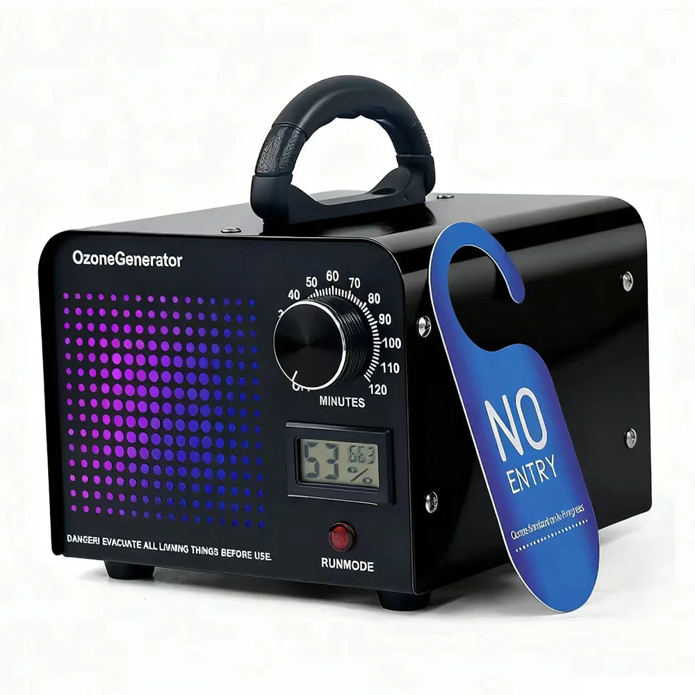 Black Ozone Generator 60000mg/h with handle and control panel, designed for powerful air cleaning in residential and commercial spaces.