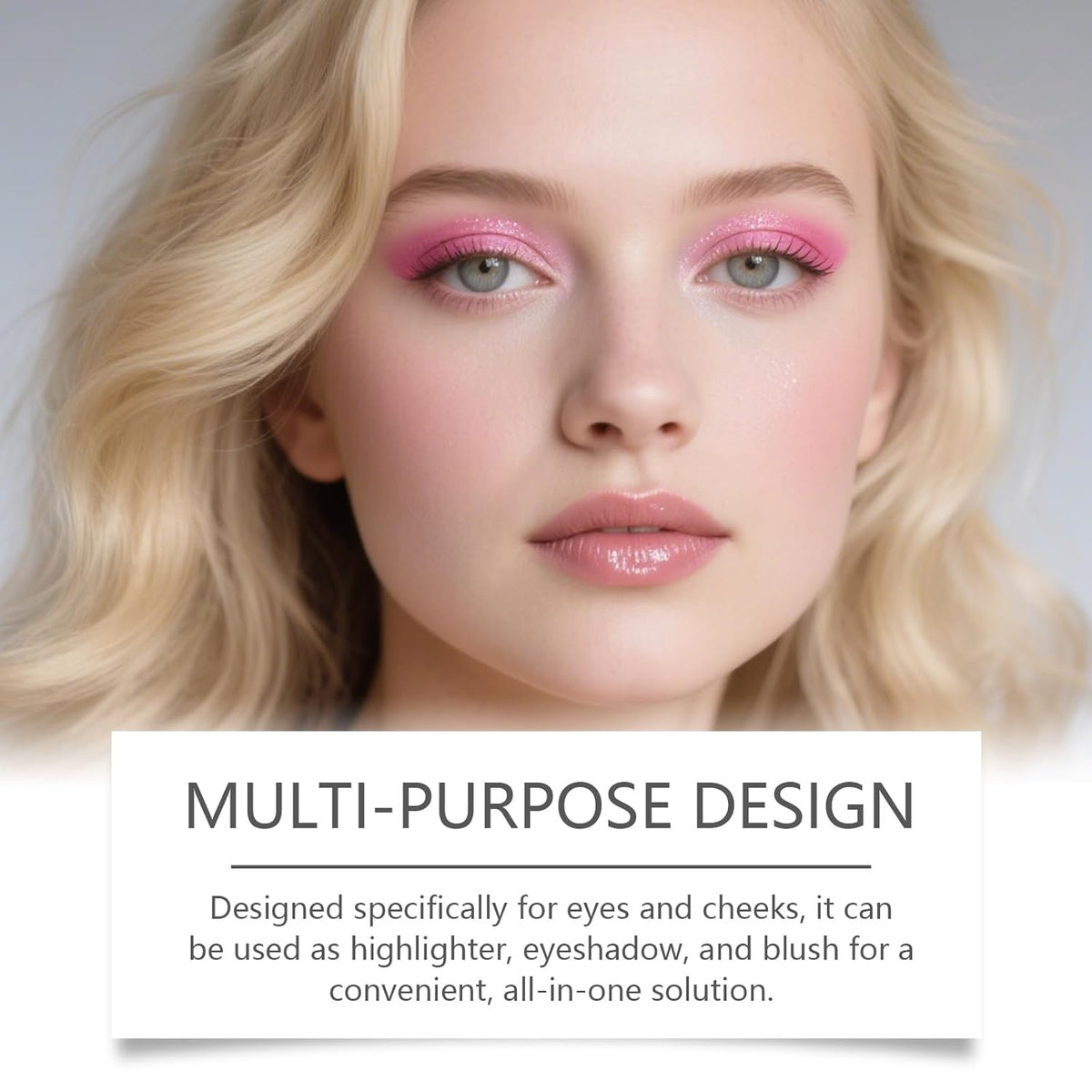 Model wearing vibrant pink tones from the Eye & Cheek Palette, emphasizing its multi-purpose design for eyeshadow, blush, and highlighter.