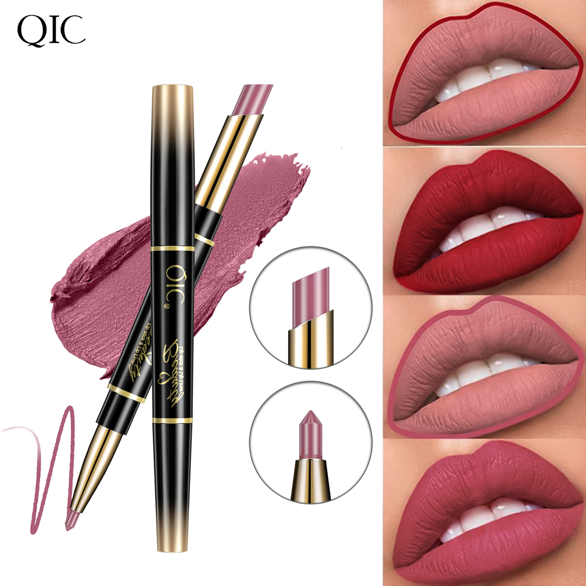 Pink and red shades of 2-in-1 Dual-Ended Lipstick & Liner Matte Waterproof & Transfer-Proof with close-up lip swatches and product details