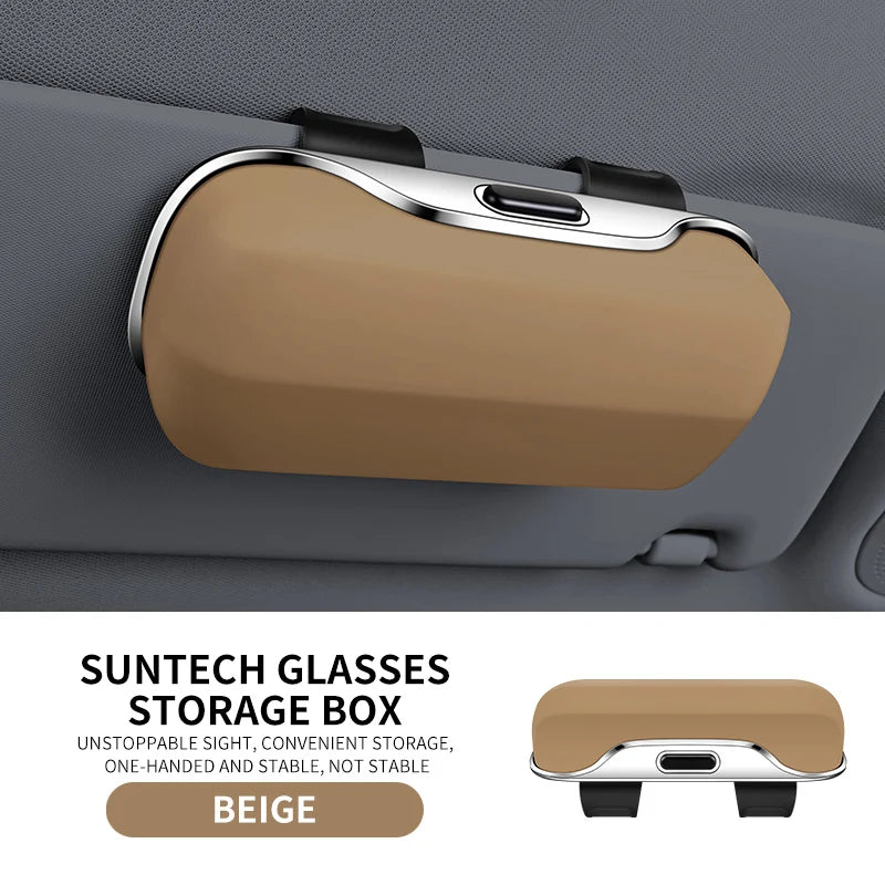 Beige snap-on car glasses holder for sun visor with soft velvet interior. Designed for convenient and secure eyewear storage while driving.