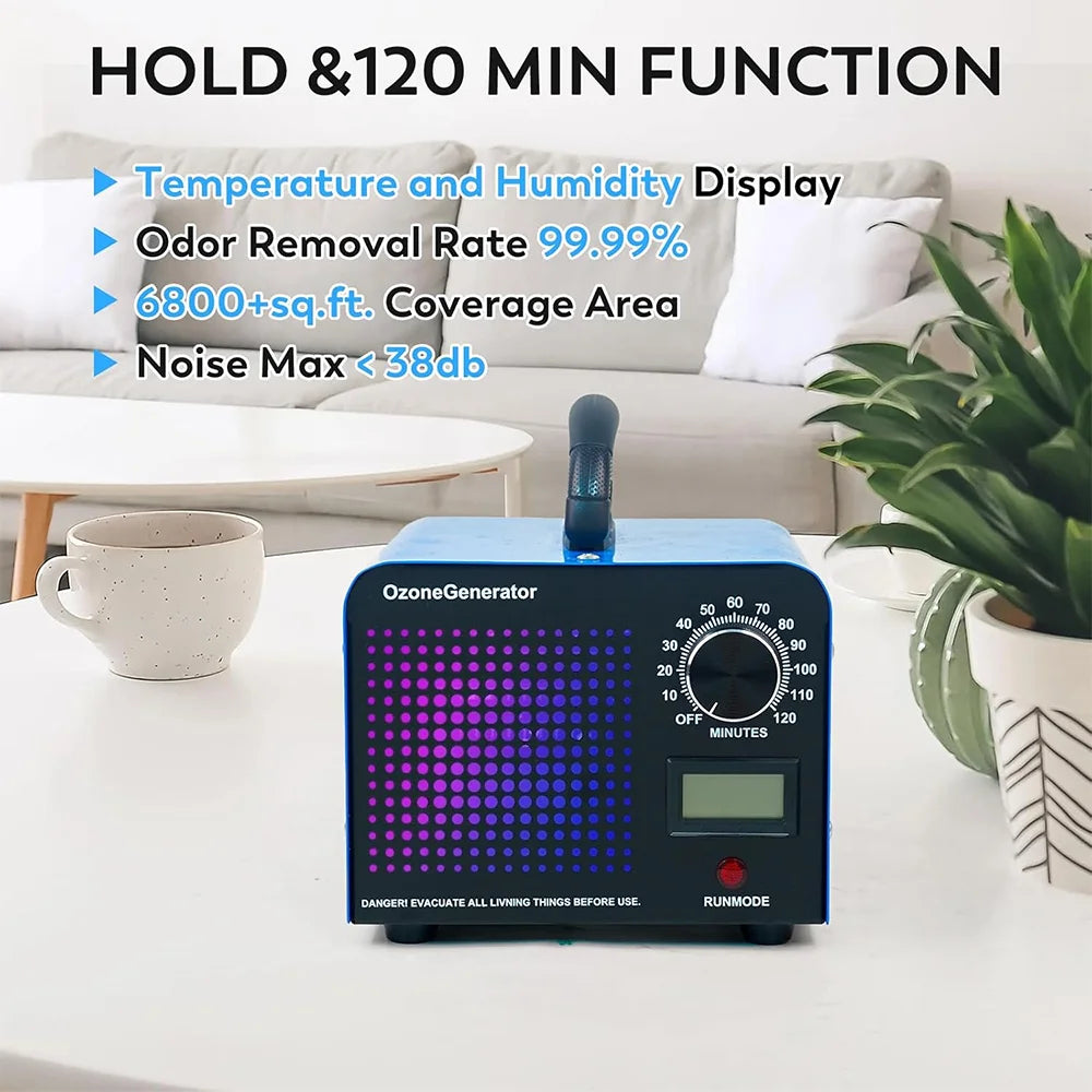 Ozone Generator 60000mg/h with 120-minute timer, odor removal rate of 99.99%, and 6800+ sq.ft. coverage, displayed in a modern living room.