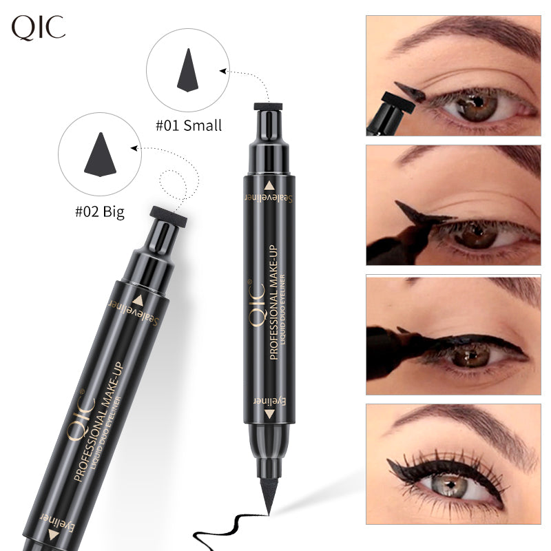 2-Swipe Cat Eye Hack Dual-Ended Magic Wand in action with #01 Small and #02 Big stamp tips and waterproof eyeliner for smudge-proof glam.