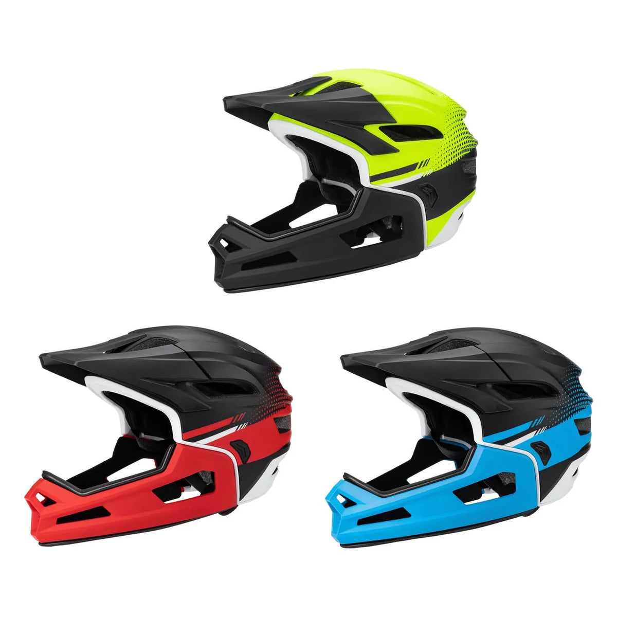 Three color options of breathable cycling helmets with full-face protection. Designed for men and women, suitable for outdoor biking.