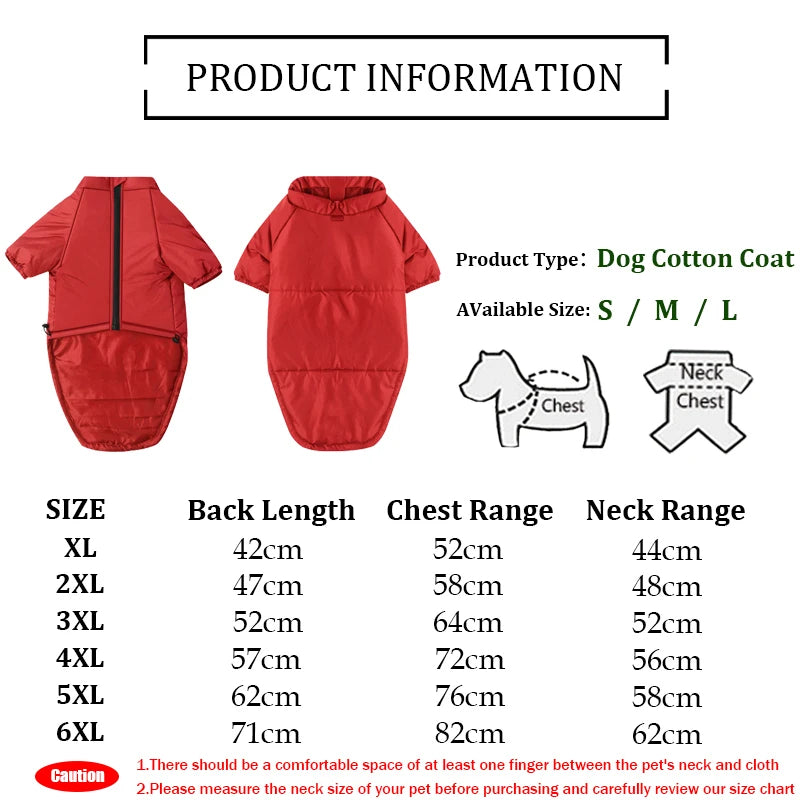 Red Large Dog Winter Jacket size chart for XL to 6XL. Durable and warm vest for large dogs including Dobermans and Labradors.