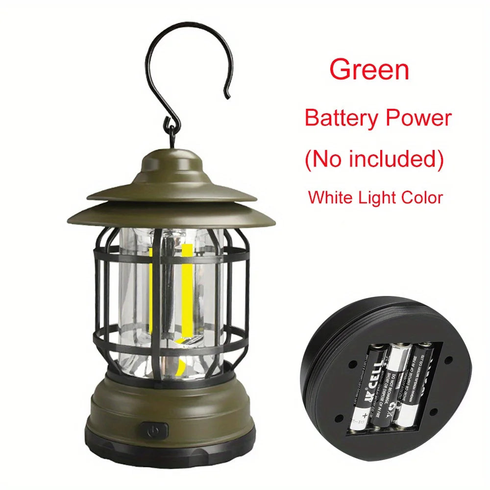 Green retro camping lantern with LED white light, battery-operated for camping and hiking in rugged outdoor environments.