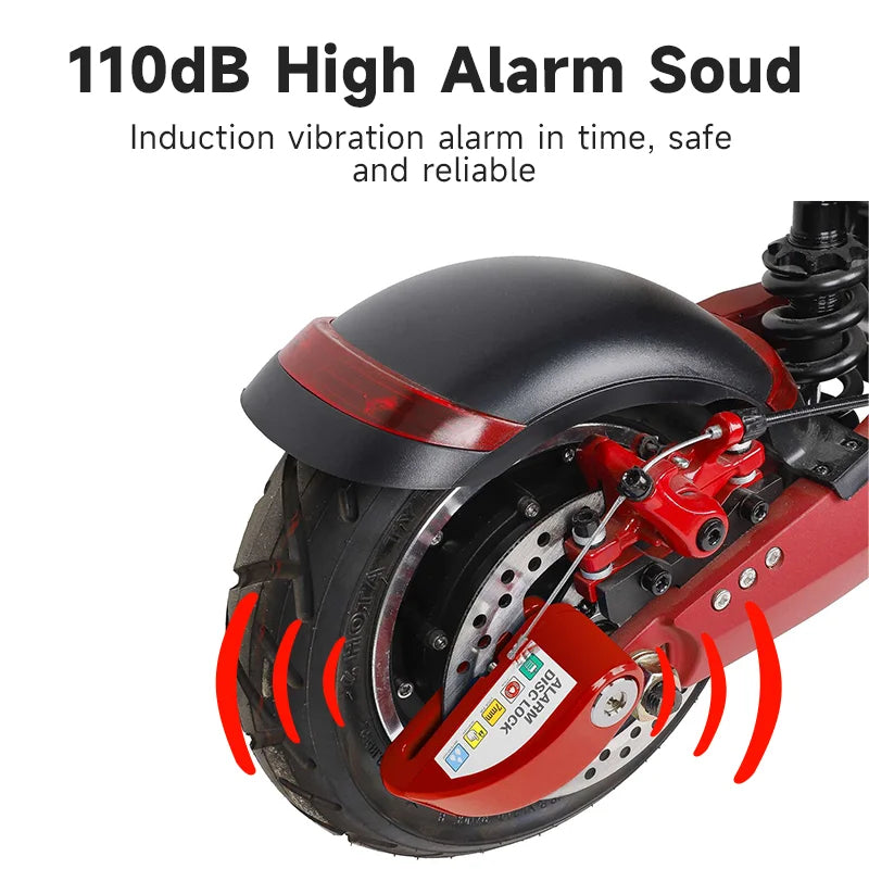 Red disc lock on electric scooter rear wheel emitting 110dB alarm sound, highlighting vibration detection for theft prevention.