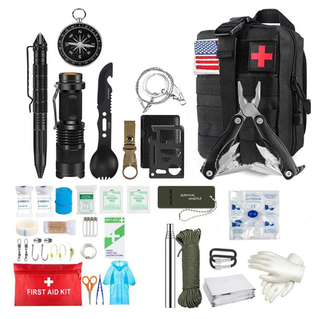 Black tactical Survival First Aid Kit with trauma tools, flashlight, compass, and medical supplies for outdoor emergency situations.