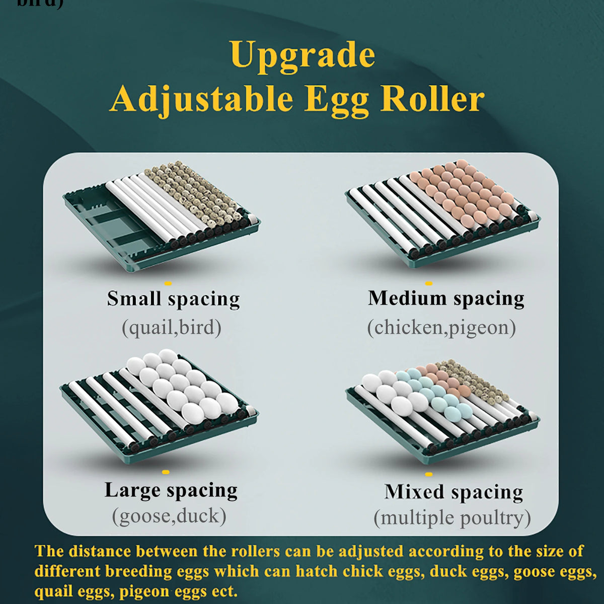 Adjustable egg roller tray for Automatic Egg Incubator - Water Adding | 12-64 Eggs, fits various egg sizes including quail, chicken, duck, and goose.