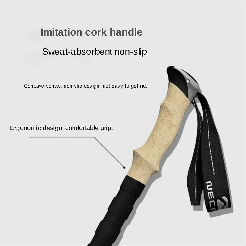 Close-up of imitation cork handle with ergonomic non-slip design, offering sweat-absorbent grip for trekking poles.