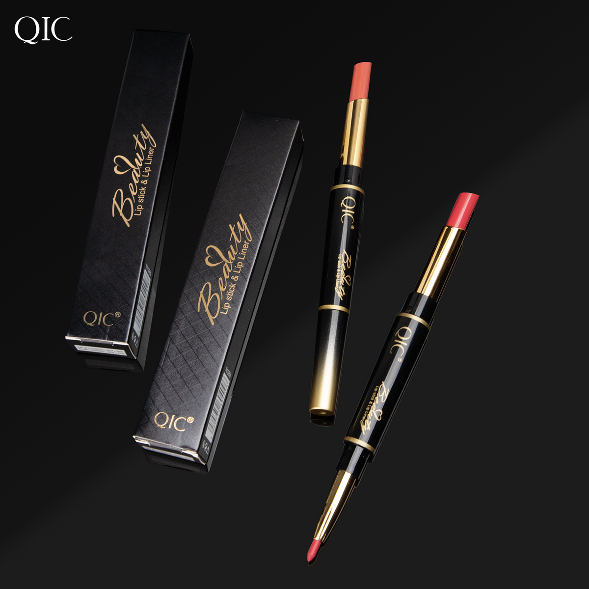 Elegant black and gold packaging of the 2-in-1 Dual-Ended Lipstick & Liner Matte Waterproof & Transfer-Proof with lipstick and liner exposed
