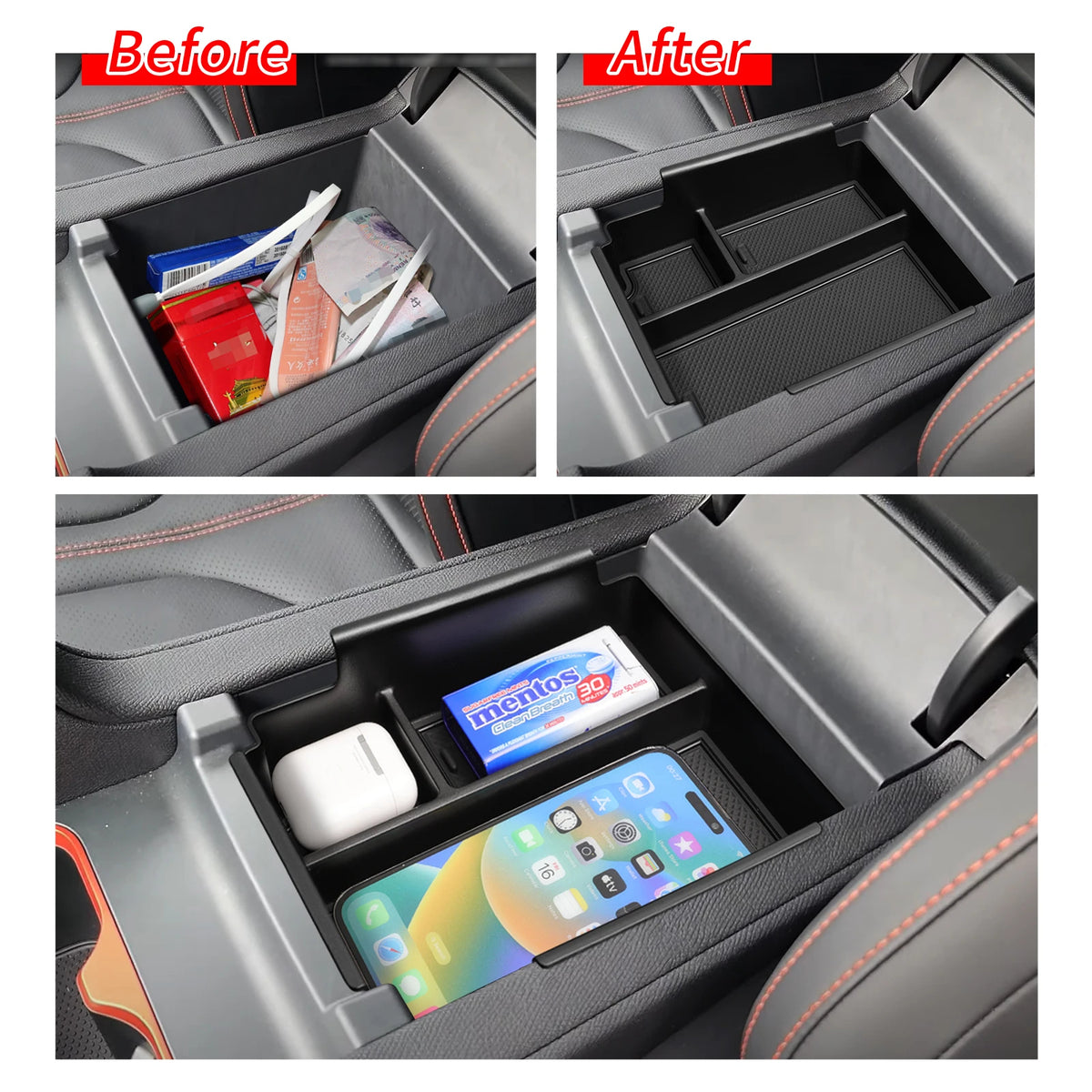 BYD Shark 2025 Organizer - Before and after comparison of armrest storage box showing improved organization and phone charging space.