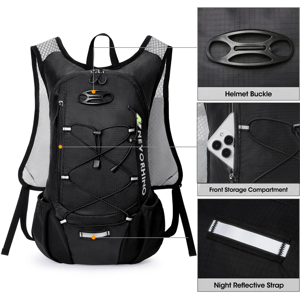 Close-up of black hydration pack showing helmet buckle, front storage, and reflective strap, designed for cycling and hiking.